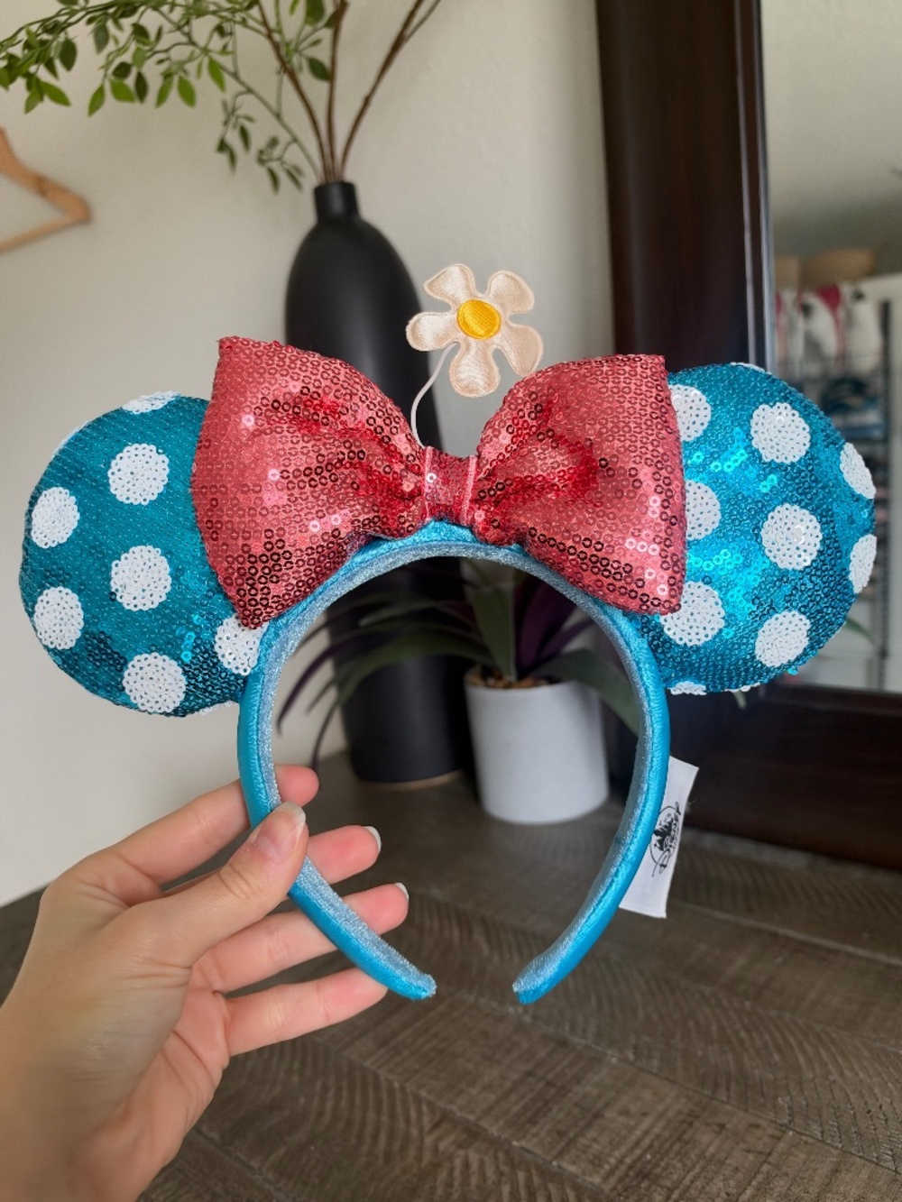 Disney Minnie Mouse Turquoise Sequin Polka Dot Ears Pink Bow Daisy Headband
